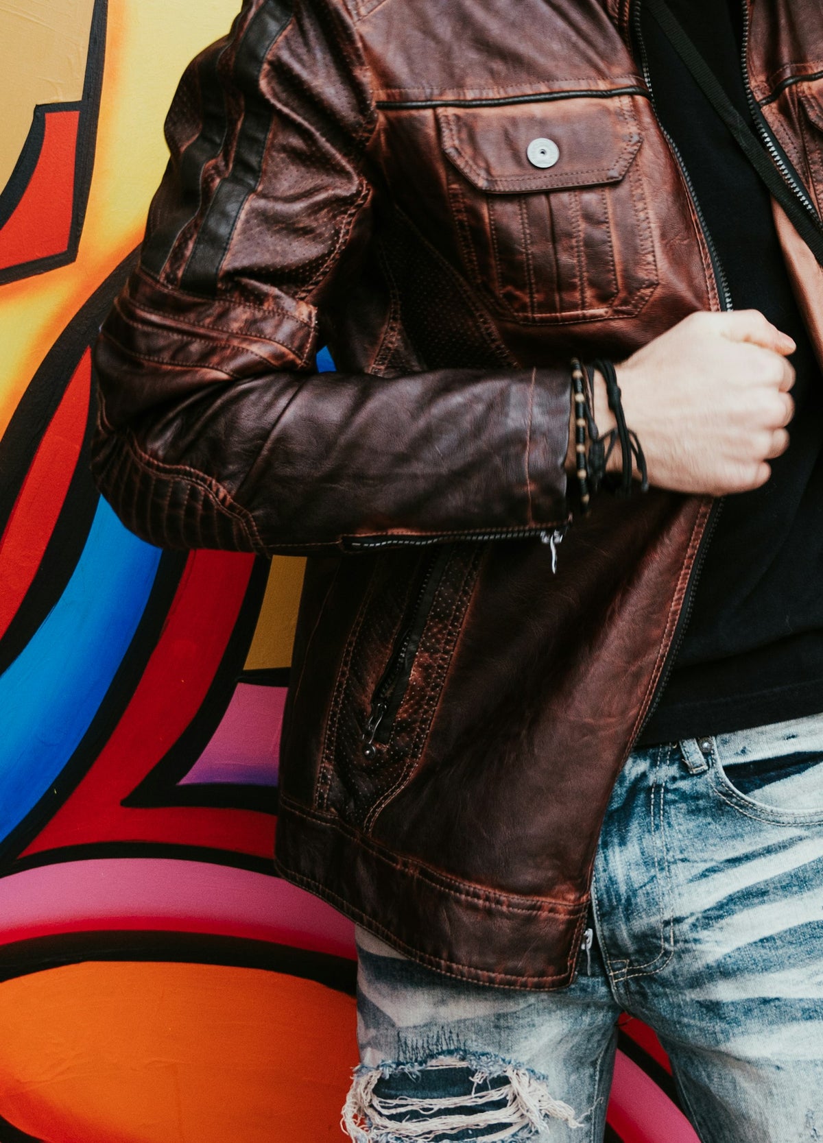 Brown leather bomber jacket